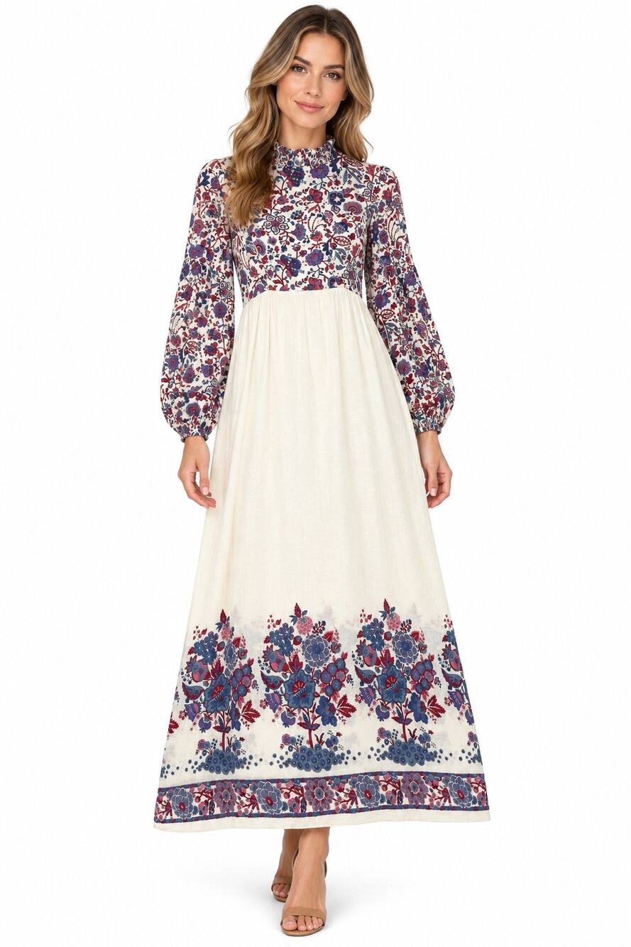 1970s Connie Sage Floral Prairie Empire Waist Maxi Dress Balloon Sleeves XS/S